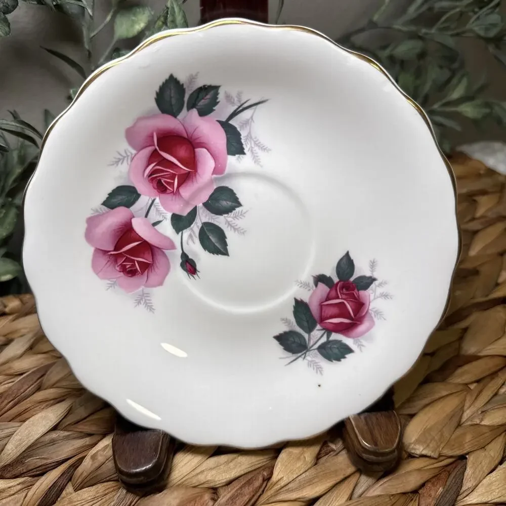 Royal Dover Bone China Saucer Pink Roses England Vintage Scalloped Floral 5.5